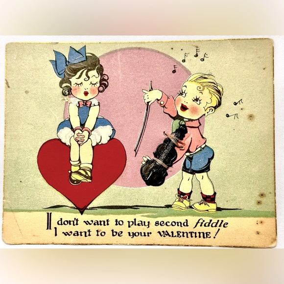 Vintage Early 1910’s Hallmark Valentines Day Card Hard Plastic Violin Toy Trim - Picture 2 of 7